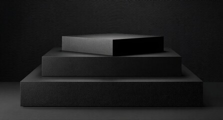 Three stacked rectangular platforms in varying sizes against a textured dark background