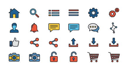 A collection of flat vector icons in a vibrant color palette, arranged neatly on a white background, representing common user interface elements and functionalities.