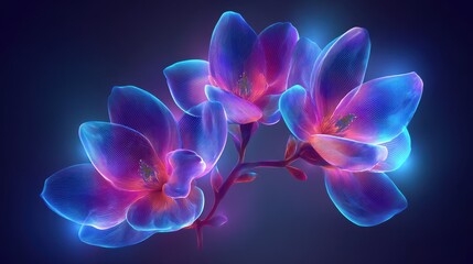 Abstract Digital Blooming Flowers Against Dark Background with Neon and Glowing Effects