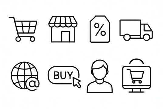Online Shopping Icons: A collection of simple line icons symbolizing the convenience and accessibility of online shopping, reflecting modern commerce.