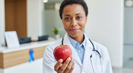 World Diabetes Day awareness photo featuring doctor showing fresh apple. Celebrating World Diabetes Day, medical professional holds healthy food as symbol of wellness.