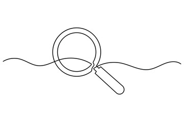 Continuous line drawing of a magnifying glass for search and analysis