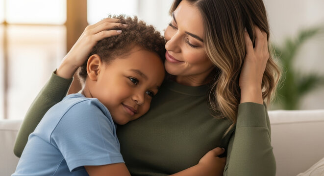 Happy Adoption Month featuring loving mother embracing child. Adoption Month celebration with mother hugging foster son, showing love and care.