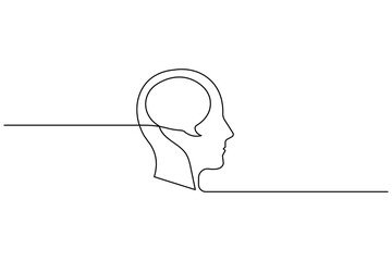 One continuous line drawing of human head with internal speech bubble