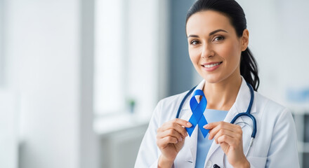 Blue November awareness ribbon shown by female doctor in support. Blue November campaign includes support for prostate cancer awareness,