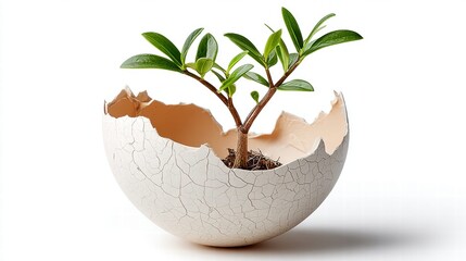 A small plant sprouts from a cracked eggshell against a clean white background.