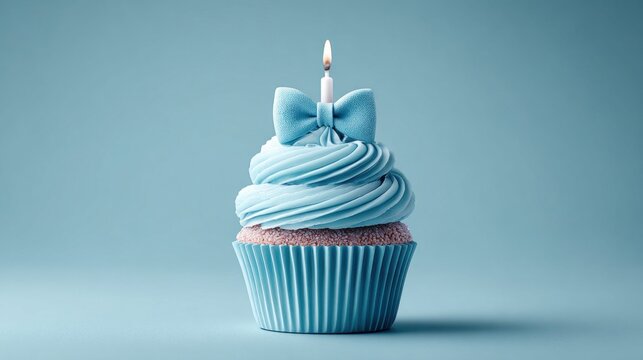 Delicious blue cupcake with a bow and a lit candle for a special celebration
