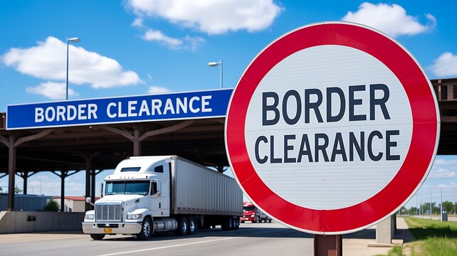 Border clearance checkpoint with cargo truck passing through inspection area
