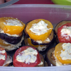 Fried eggplant with tomato slices seasoned with mayonnaise