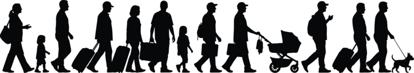 Traveling people silhouette crowd, diverse group walking together with luggage, families, tourists, business travelers, pets, continuous flow black and white vector
