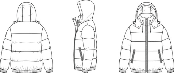 Technical puffer jacket flat sketch, hooded coat template, back, side, front view vector illustration, winter outerwear garment, detailed CAD drawing