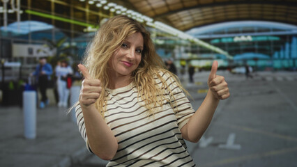 Woman giving thumbs up gesture outside airport terminal, striped shirt and luggage area visible; confidence travel ease.