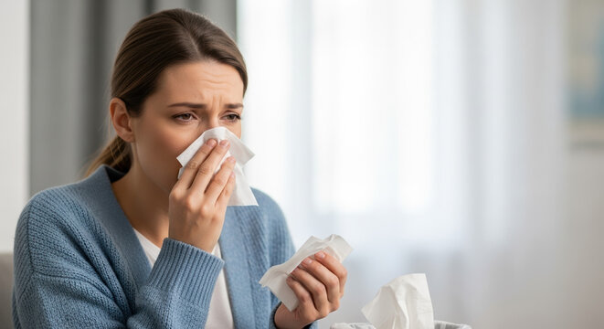 Bronchitis symptom relief using tissues to wipe nose, and a woman wiping her face from discomfort. Bronchitis discomfort includes visible sadness and emotional distress,