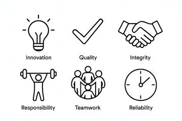 Business Values Icons: Clean line icons representing core business values like innovation, quality, integrity, and teamwork, perfect for conveying professionalism and core values.