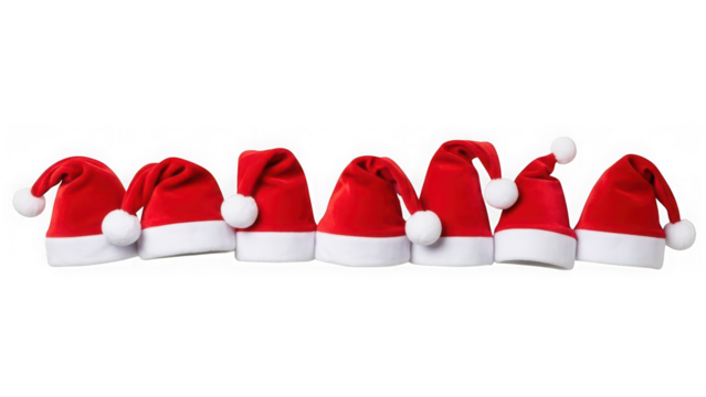 Red santa hats in a festive row, christmas holiday celebration design
