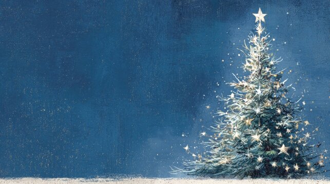 A beautifully decorated Christmas tree with twinkling lights and stars, positioned against a rich blue backdrop, evokes a peaceful holiday spirit with copy space for text