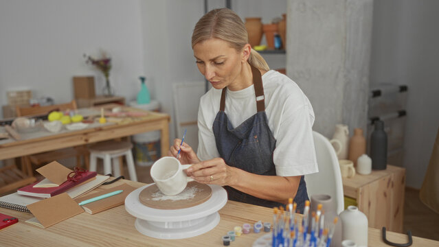 Middle aged blonde woman artisan painting a ceramic mug with a brush, holding it by hand on a rotating turntable in a pottery studio; calm creativity. - Powered by Adobe