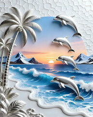 Tropical island with palm trees and Dolphin 