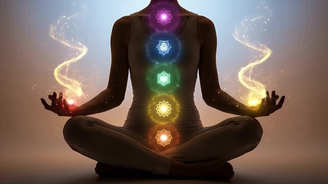 Person Meditating in Lotus Position with Chakra Alignment Points and Golden Light on a Pale Background
