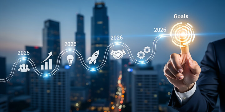 Businessman s finger touching a glowing digital interface with business growth icons and city skyline at dusk symbolizing success and future planning - Powered by Adobe