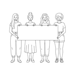 Group of women holding a large blank banner. Female activists protesting together, concept of teamwork and feminism. Black and white vector line art illustration.
