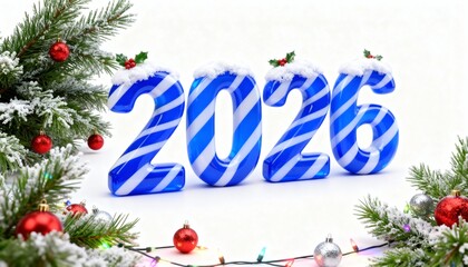 Blue candy cane typography 2026. Christmas and New Year festive 3D render with holiday ornaments.

