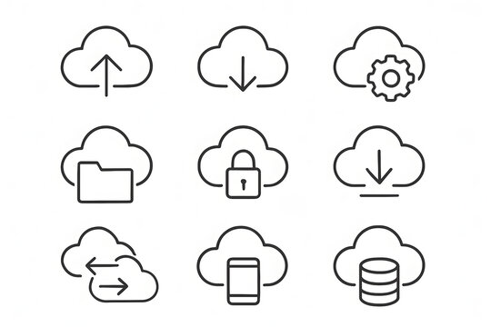 Cloud Computing Icons: Streamlined icons depicting the essence of cloud computing, symbolizing data storage, retrieval, security, and digital workflow