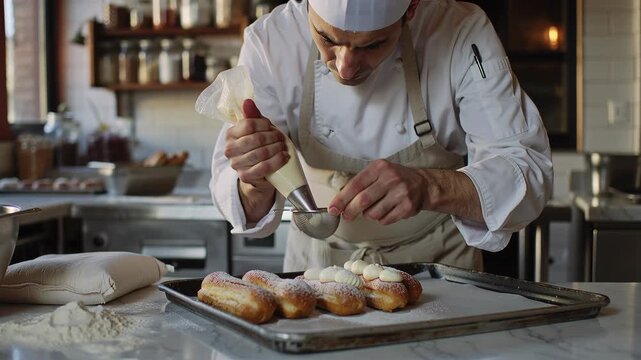 Man chef decorates finished eclairs with whipped cream and powdered sugar in a professional confectionery shop.