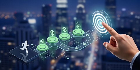 Businessman s hand touches glowing digital target with progress bar and running figure against blurred city skyline at night