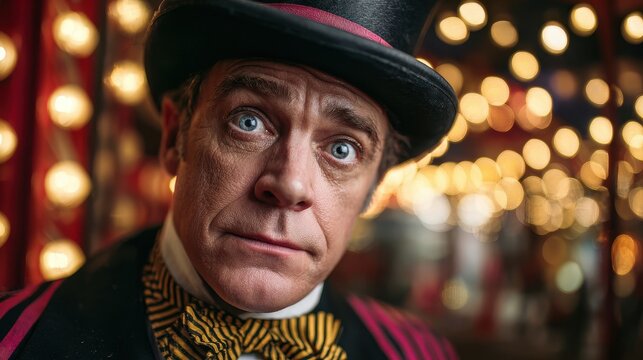Man in colorful circus costume and a top hat captures attention in a vibrant carnival setting with bright lights in the background
