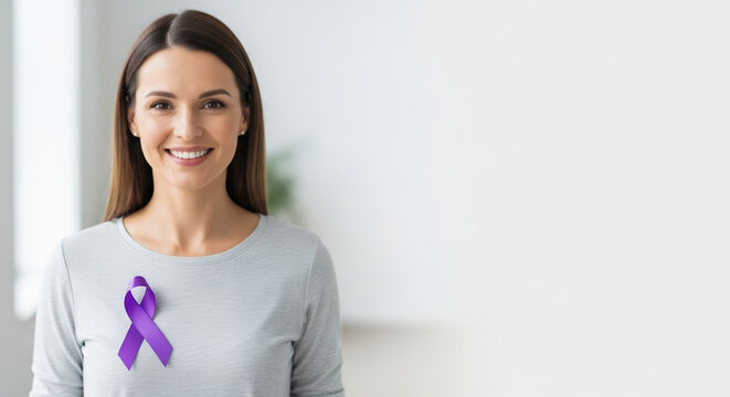 Smiling woman showing epilepsy awareness with purple ribbon for Epilepsy Awareness Month. During Epilepsy Awareness Month, show compassion and empathy with meaningful symbolic ribbon on dress. - Powered by Adobe