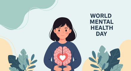 A cartoon woman supports mental health by holding a glowing brain and heart symbol against a pastel background with leaves and the words 'World Mental Health Day'.