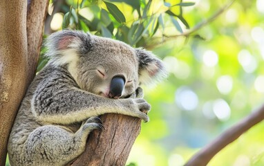 Fototapeta premium Adorable koala bear sleeping peacefully on a eucalyptus tree branch, surrounded by green leaves in its natural Australian habitat