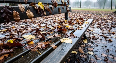 Wet autumn leaves cover a park bench and ground on a rainy day