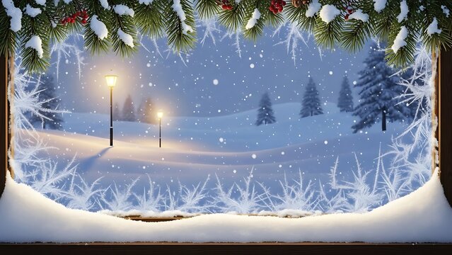 Frosty Winter Window with Snow and Warm Outdoor Lights, Cozy Holiday Window Scene with Frost and Glowing Winter Atmosphere