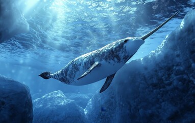 Naklejka premium Majestic narwhal with its distinctive tusk gliding through deep blue arctic waters, surrounded by ice formations and shimmering sunlight from above