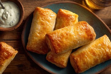 Golden Baked Pastries Arranged On Blue Plate Near Creamy Sauce Bowl On Wooden Surface