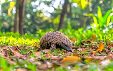 Fototapeta premium Unique pangolin with scaly armor foraging among fallen leaves on the forest floor, surrounded by lush tropical vegetation in dappled sunlight