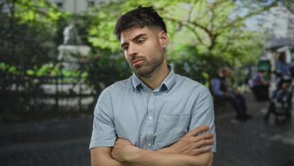 Fototapeta premium Young man standing with arms crossed in green park outdoors wearing light blue shirt under sunlight; rejection.