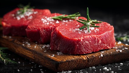 Raw beef steaks seasoned with salt and rosemary on a wooden board