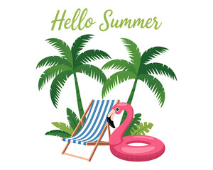 Tropical summer vacation vector illustration of an exotic island beach with palm trees, sand, and turquoise sea water on transparent background