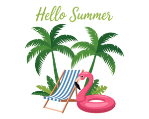 Tropical summer vacation vector illustration of an exotic island beach with palm trees, sand, and turquoise sea water on transparent background