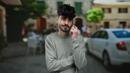 Fototapeta premium Young man standing on an urban street with a thoughtful expression, wearing a gray sweater, speaking on a smartphone against a backdrop of a lively, bustling cityscape.