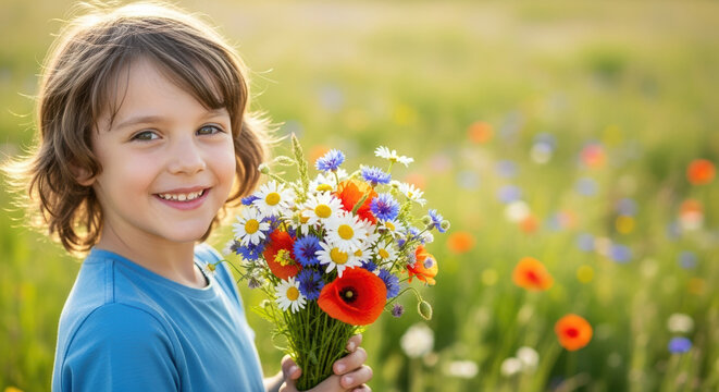 Happy child holding flowers in sunny field for Mother's Day. Cheerful boy smiles, holding bouquet of daisies, poppies, and cornflowers, offering love for Mother's Day celebration.