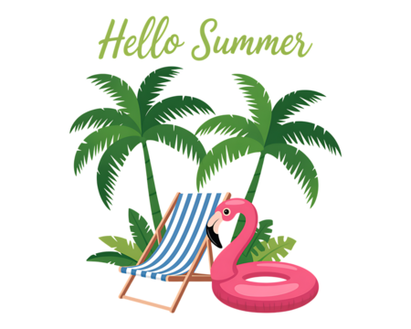 Tropical summer vacation vector illustration of an exotic island beach with palm trees, sand, and turquoise sea water on transparent background