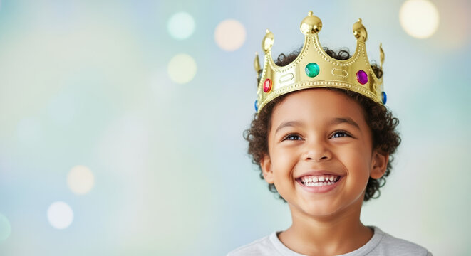 Adorable child celebrates Father's Day with bright smile and wears golden crown to honor parent. Father's Day celebrations bring joy as child looks up against blurred bokeh background,