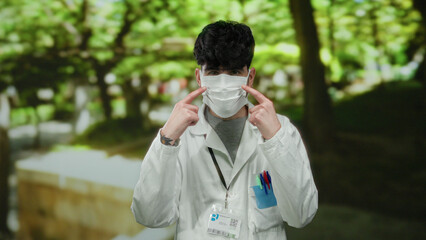 Young man wearing mask and lab coat standing focused in lush park background outdoors with sunlight filtering through green trees
