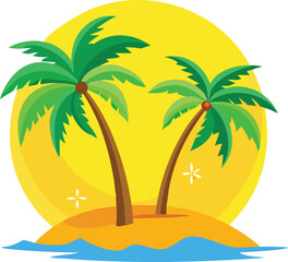 a vibrant tropical scene with two palm trees and a yellow sun