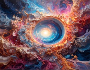 Surreal depiction of a swirling cosmic portal with vibrant colors