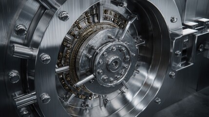 Intricate design of a large safe door showcasing advanced locking mechanisms and polished metal surfaces in a secure environment